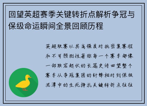 回望英超赛季关键转折点解析争冠与保级命运瞬间全景回顾历程