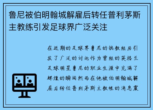 鲁尼被伯明翰城解雇后转任普利茅斯主教练引发足球界广泛关注